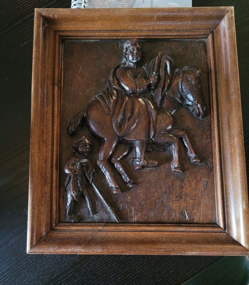 17th Century Carved Oak Panel Depicting A Horseman And A Leper.-photo-2