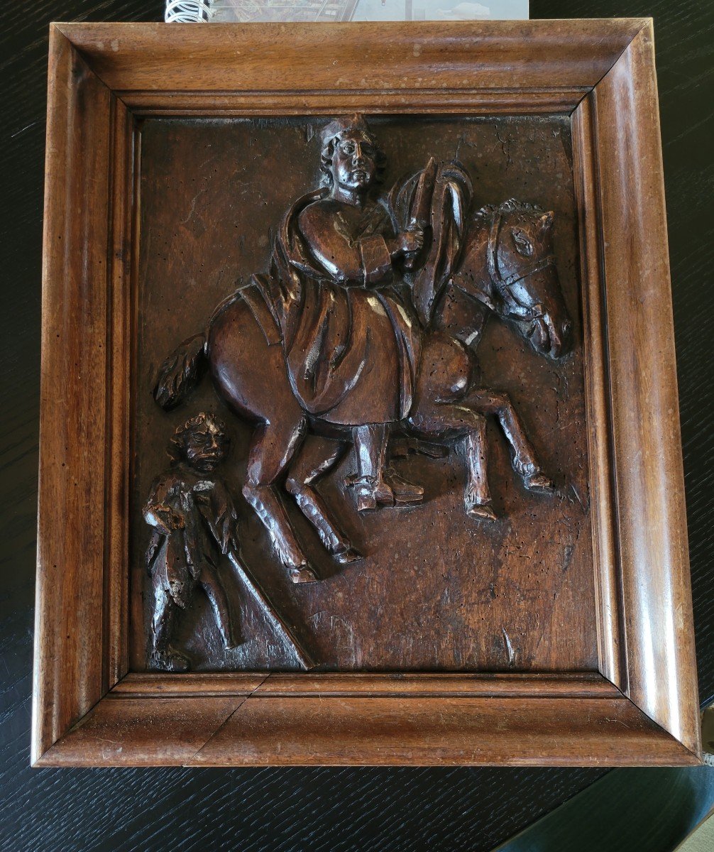 17th Century Carved Oak Panel Depicting A Horseman And A Leper.-photo-3