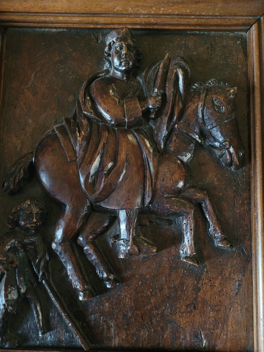 17th Century Carved Oak Panel Depicting A Horseman And A Leper.-photo-4