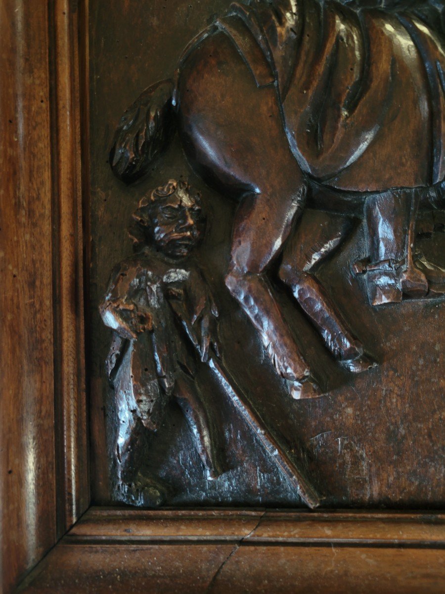 17th Century Carved Oak Panel Depicting A Horseman And A Leper.-photo-1