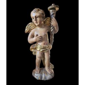 Porte Trocheres En Bois Sculpte Polychome d'Un Ange Tenant Une Corne d'Abondance