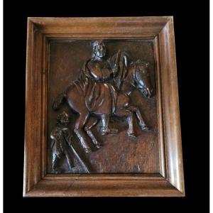 17th Century Carved Oak Panel Depicting A Horseman And A Leper.