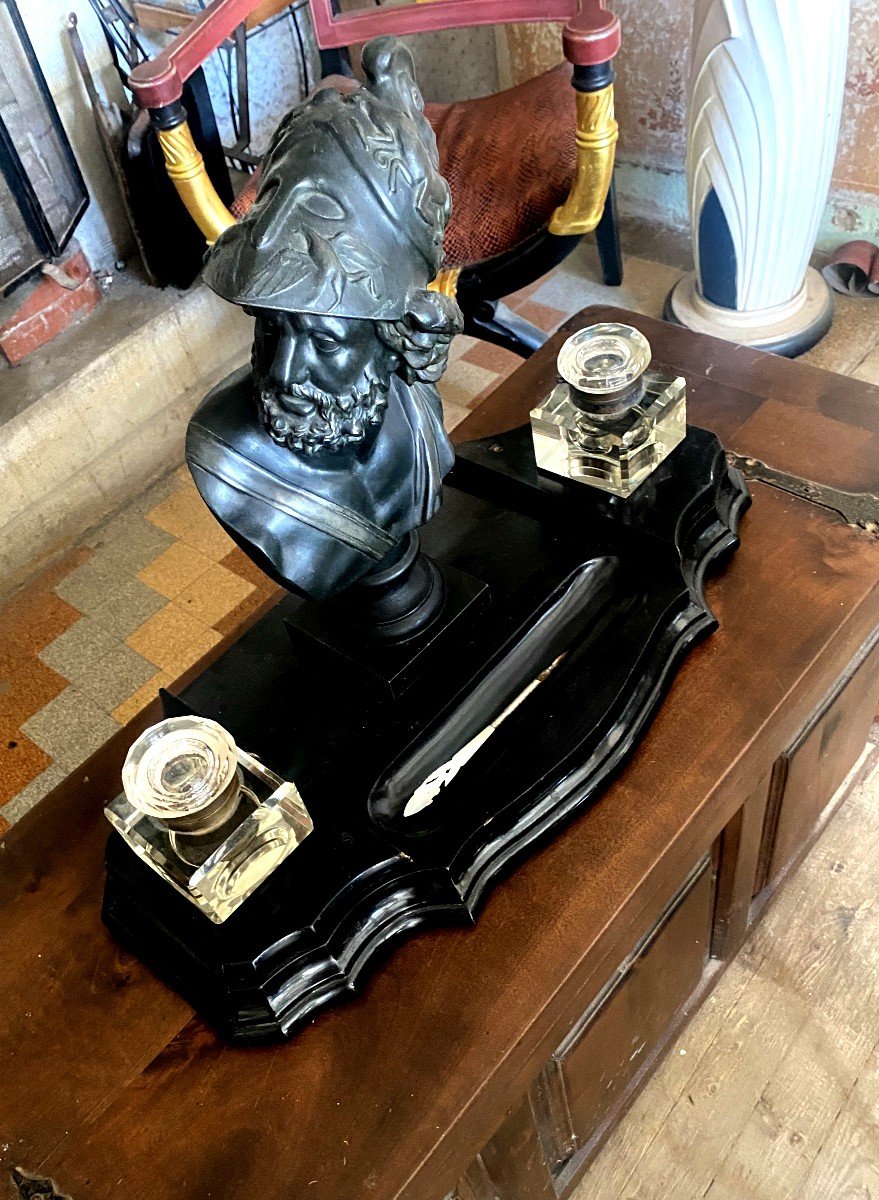 Rare And Giant Napoleon III Inkwell With Its Two Square Crystal Bottles And Bust Of Pericles-photo-2