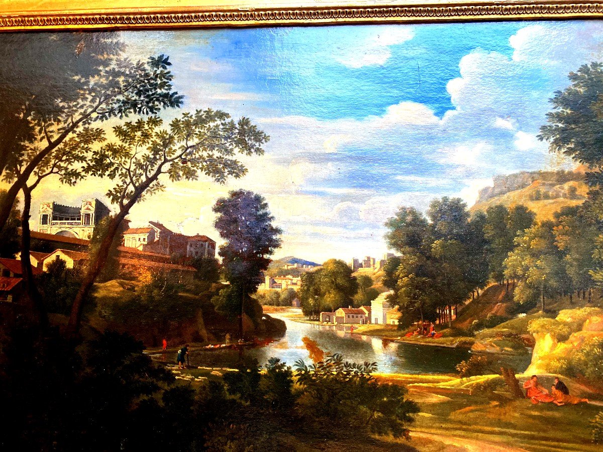 "paysage Idéal Avec Diogène " , Réduction 18ème Du Tableau De Poussin De 1657 ,  Cadre Doré 19è-photo-1