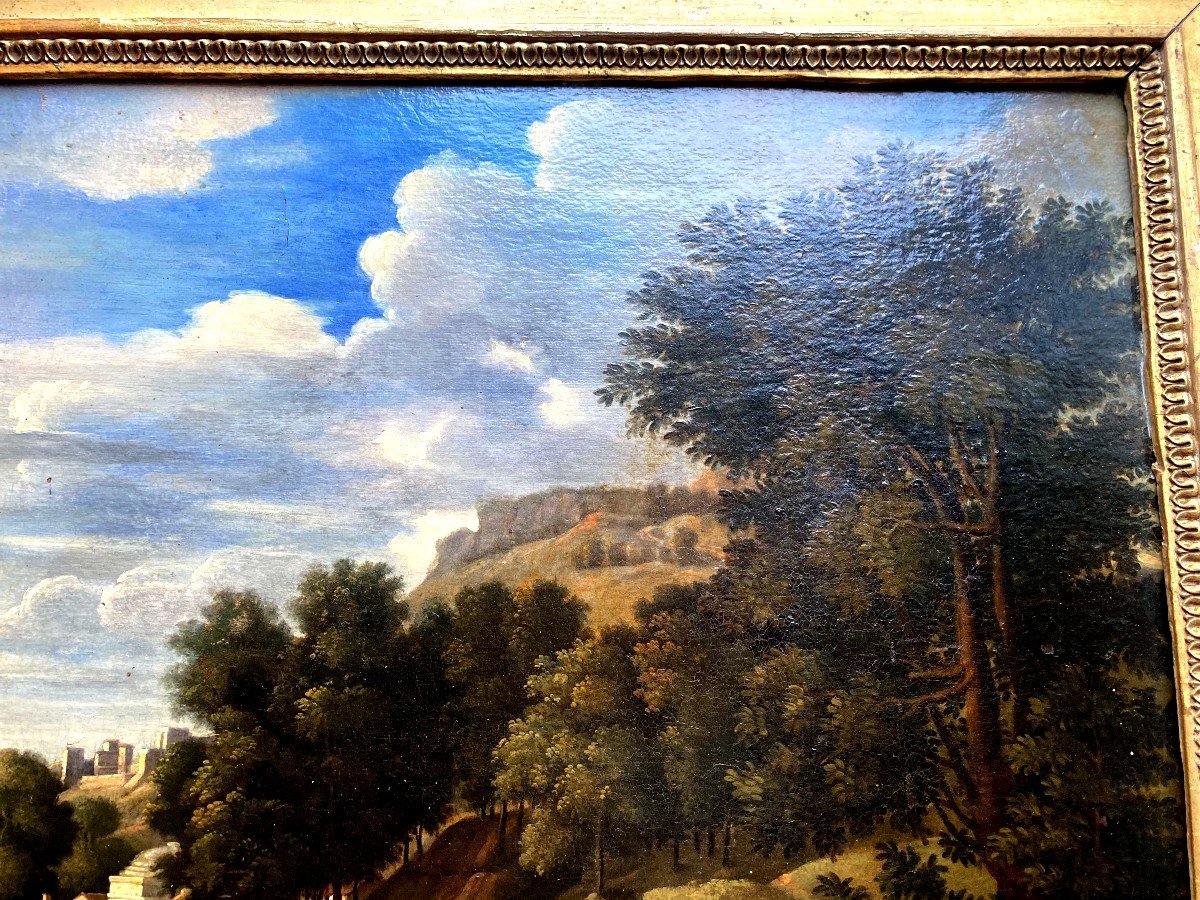 "paysage Idéal Avec Diogène " , Réduction 18ème Du Tableau De Poussin De 1657 ,  Cadre Doré 19è-photo-3