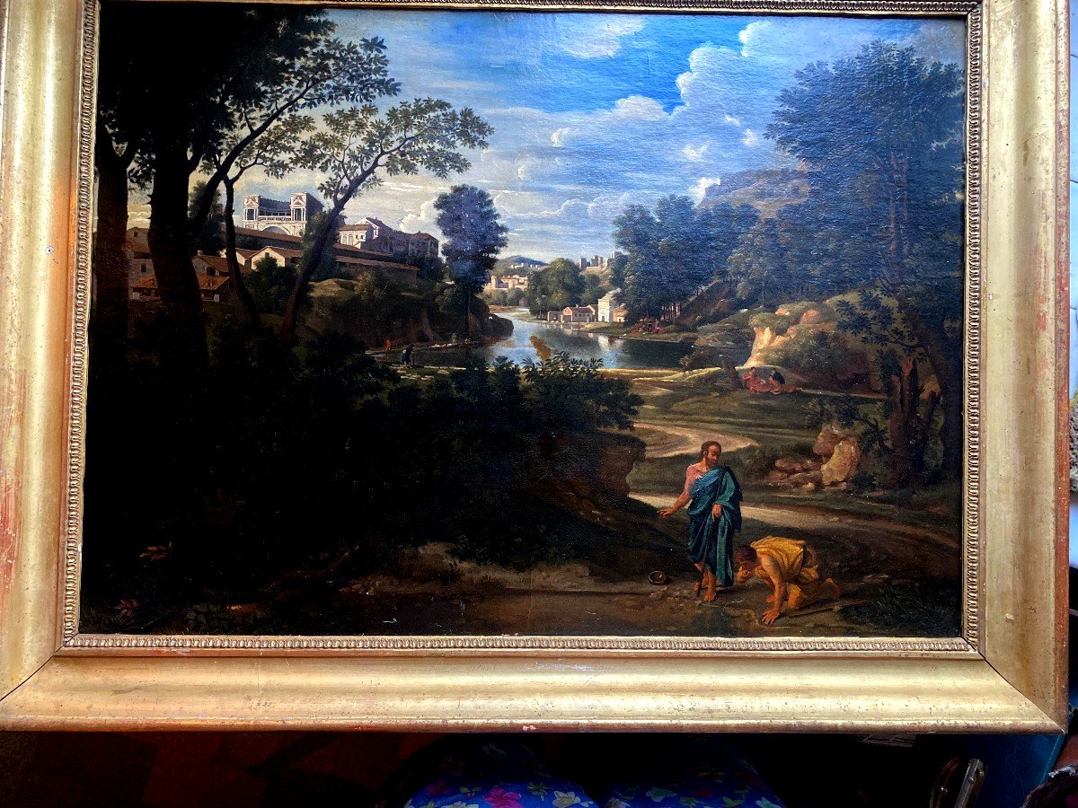 "paysage Idéal Avec Diogène " , Réduction 18ème Du Tableau De Poussin De 1657 ,  Cadre Doré 19è-photo-7