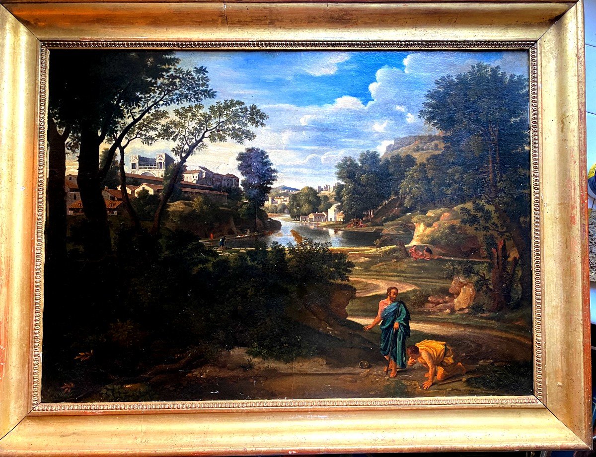 "paysage Idéal Avec Diogène " , Réduction 18ème Du Tableau De Poussin De 1657 ,  Cadre Doré 19è