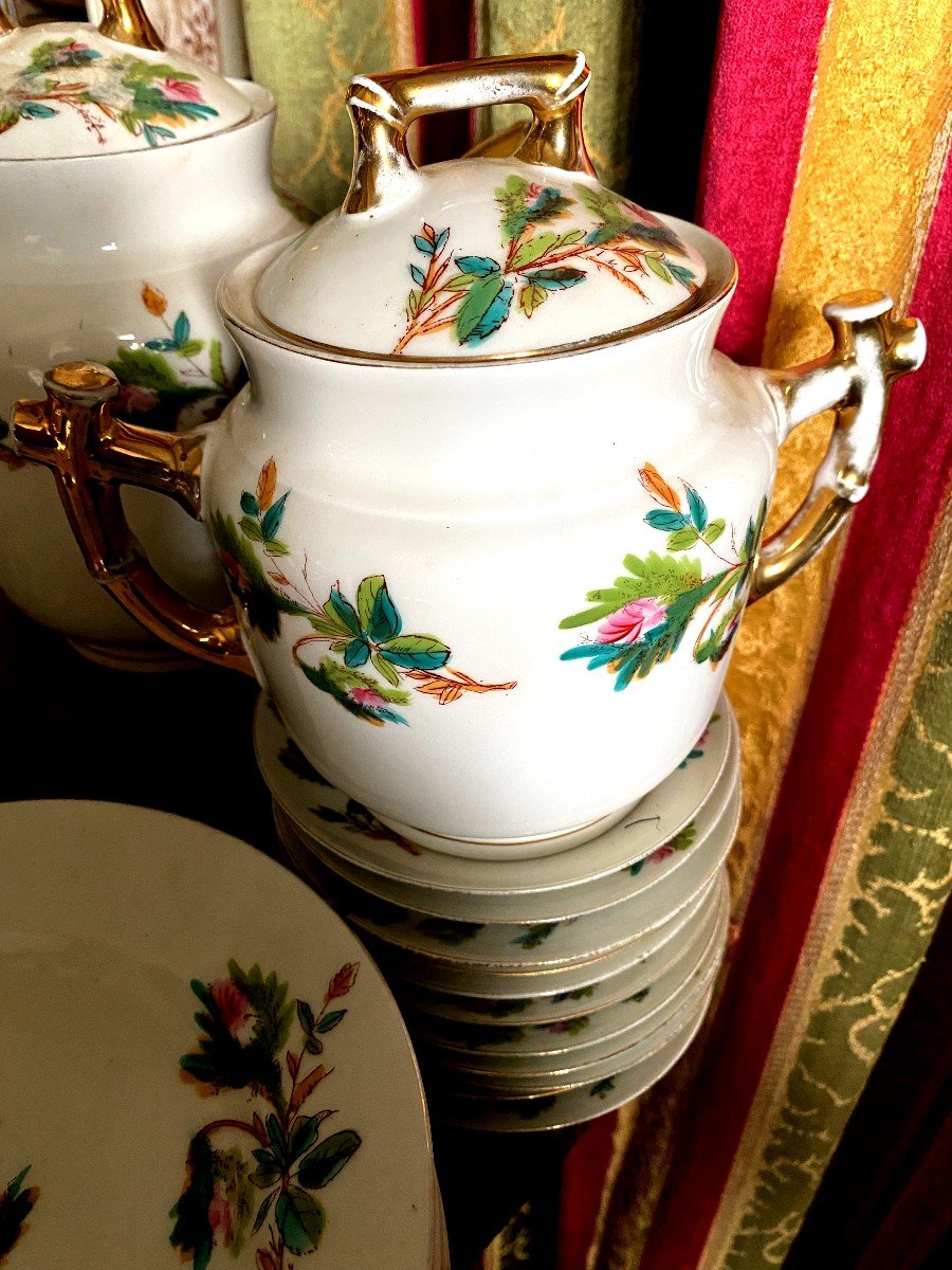Vintage Enameled White Porcelain And Flowered "bamboo" Tea And Dessert Service Late 19th Century-photo-3