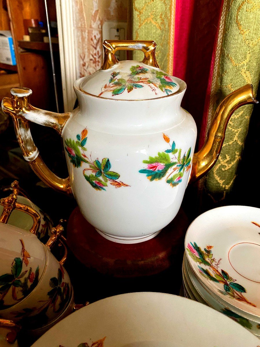 Vintage Enameled White Porcelain And Flowered "bamboo" Tea And Dessert Service Late 19th Century-photo-4