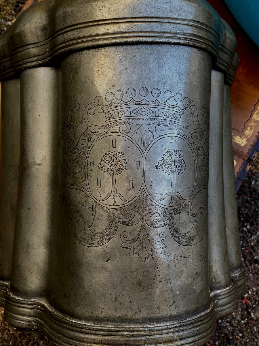 Very Beautiful 18th Century Pewter Fountain With Coat Of Arms On Its Base And Walnut Panel, Louis XV-photo-3