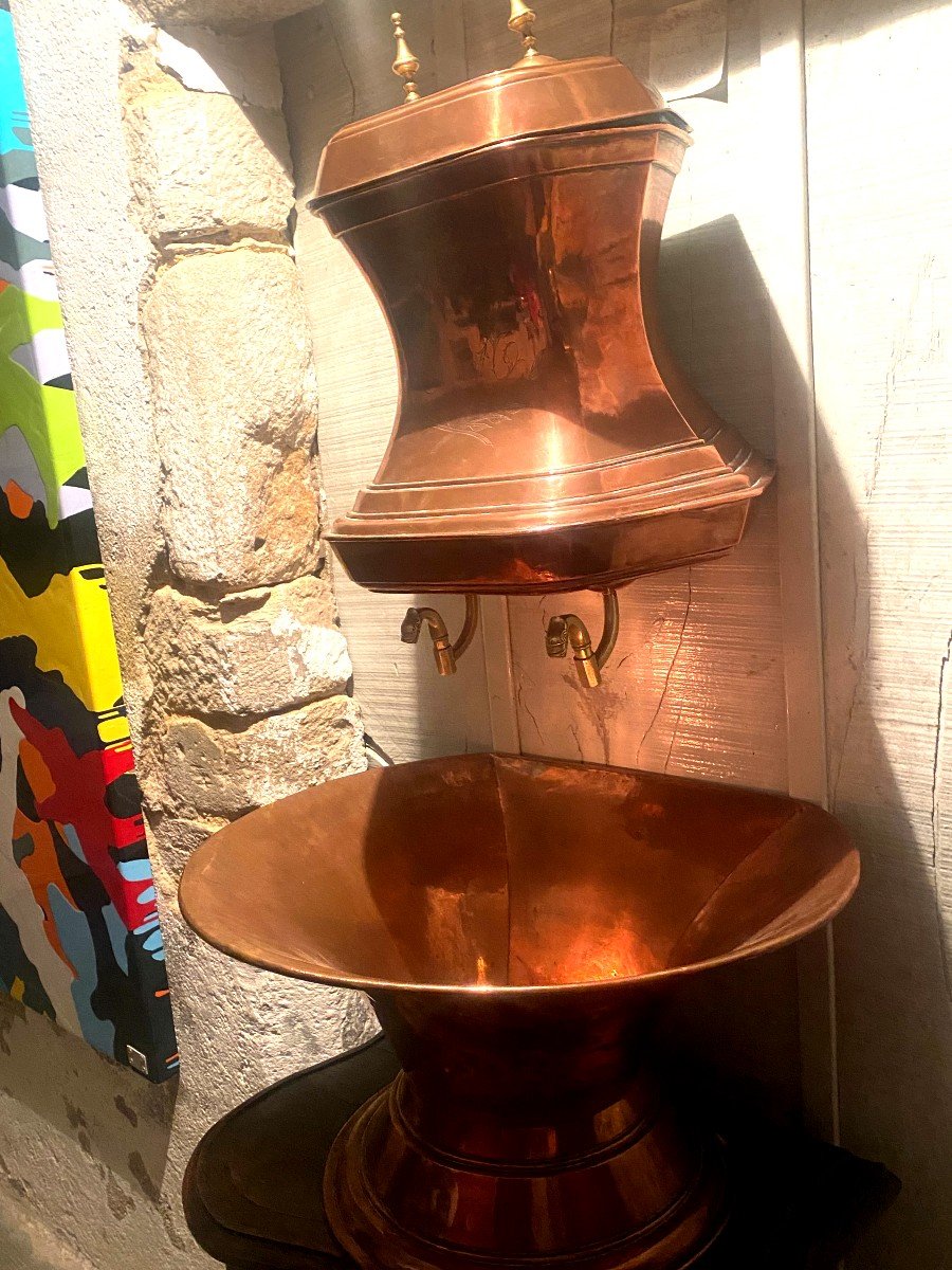 Large Charles X Wall Fountain, Red Copper Ca Monogram Chiseled With Laurel Leaves-photo-2