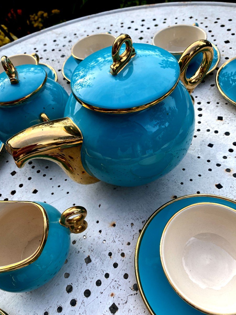 Tea Service From The 1950s, In Very Thick Earthenware, Luminous Turquoise, Bright Gold, 12 Cups-photo-2