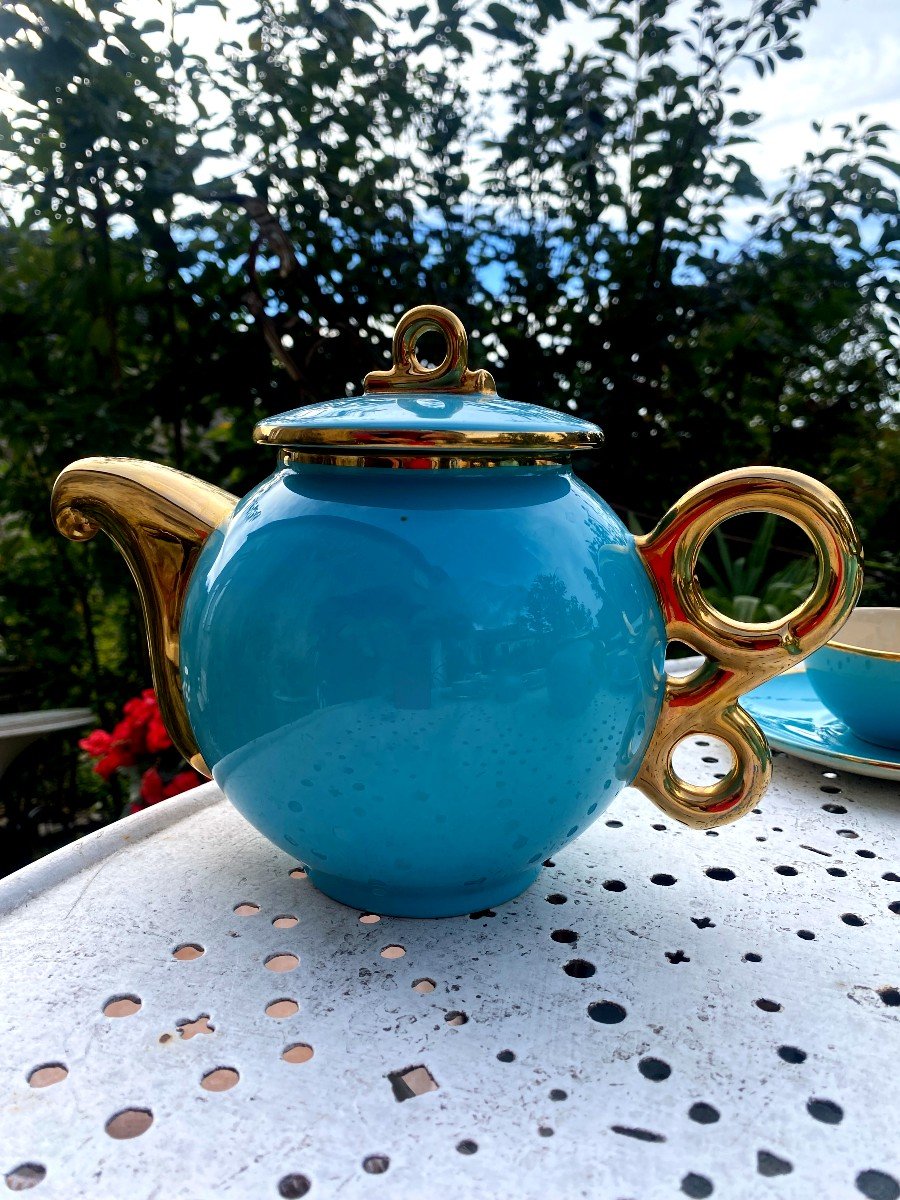 Tea Service From The 1950s, In Very Thick Earthenware, Luminous Turquoise, Bright Gold, 12 Cups-photo-4