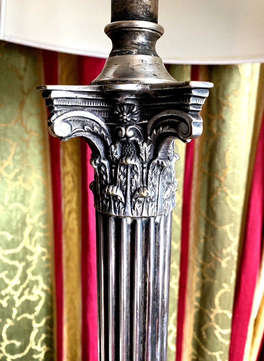  Beautiful Large Living Room Lamp In Repoussé Copper And Silver Bronze In Corinthian Column 19th-photo-2