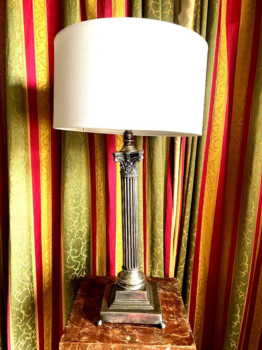  Beautiful Large Living Room Lamp In Repoussé Copper And Silver Bronze In Corinthian Column 19th