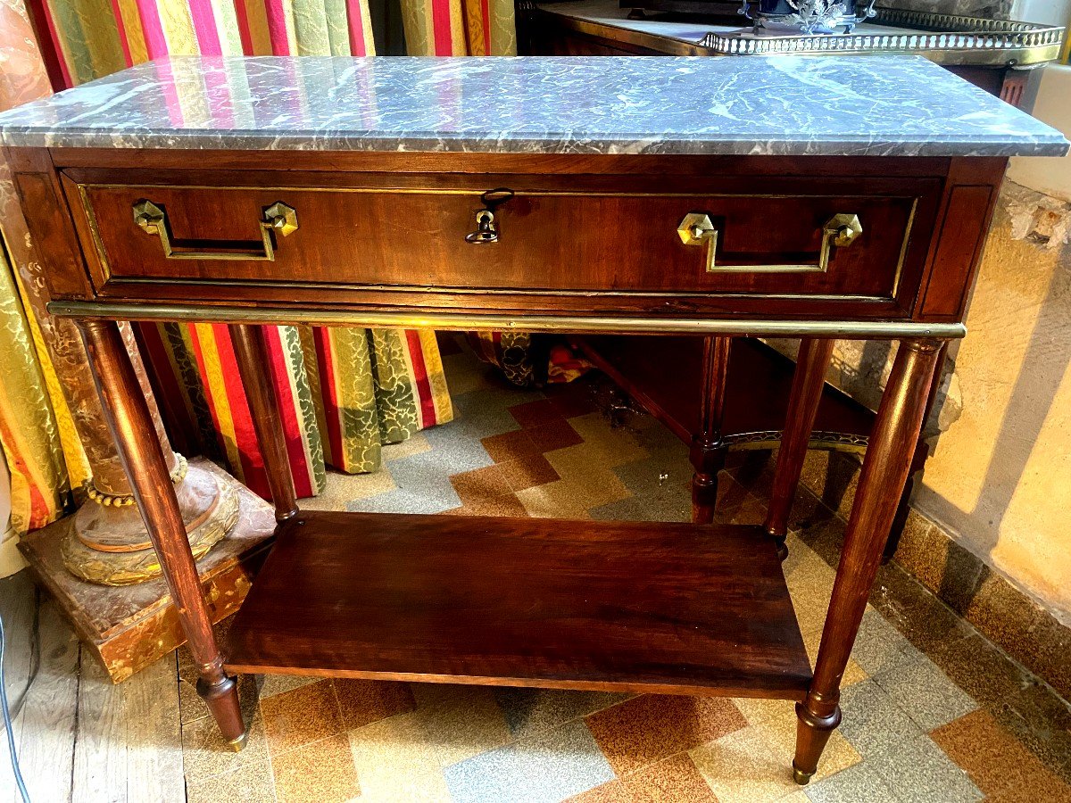 Belle  Console , 18ème Desserte Dessus Marbre Gris  Pyrénées Pieds Fuseaux étagère  Entretoise