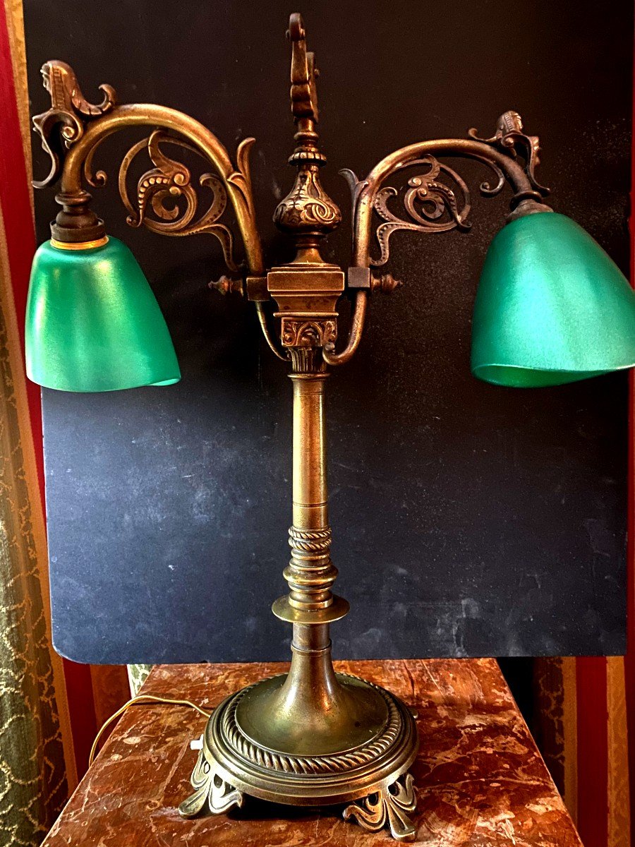 Rare Et Belle Lampe d'Etude En Bronze Double à l'Egyptienne De Grande Bibliothèque Epoque 19ème