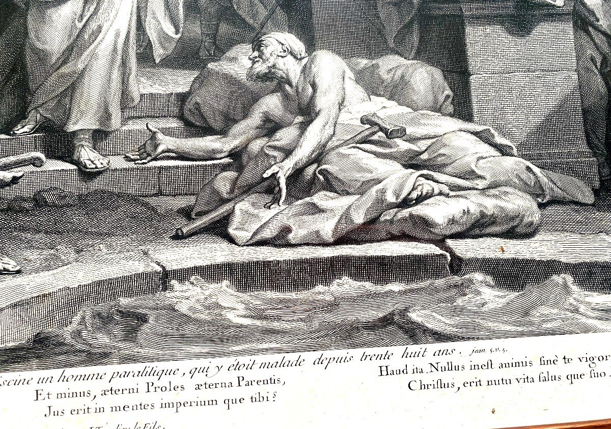  Beautiful Baroque Engraving "jesus Heals Near The Swimming Pool" After J. Restout Engraved J. Tardieu.-photo-2