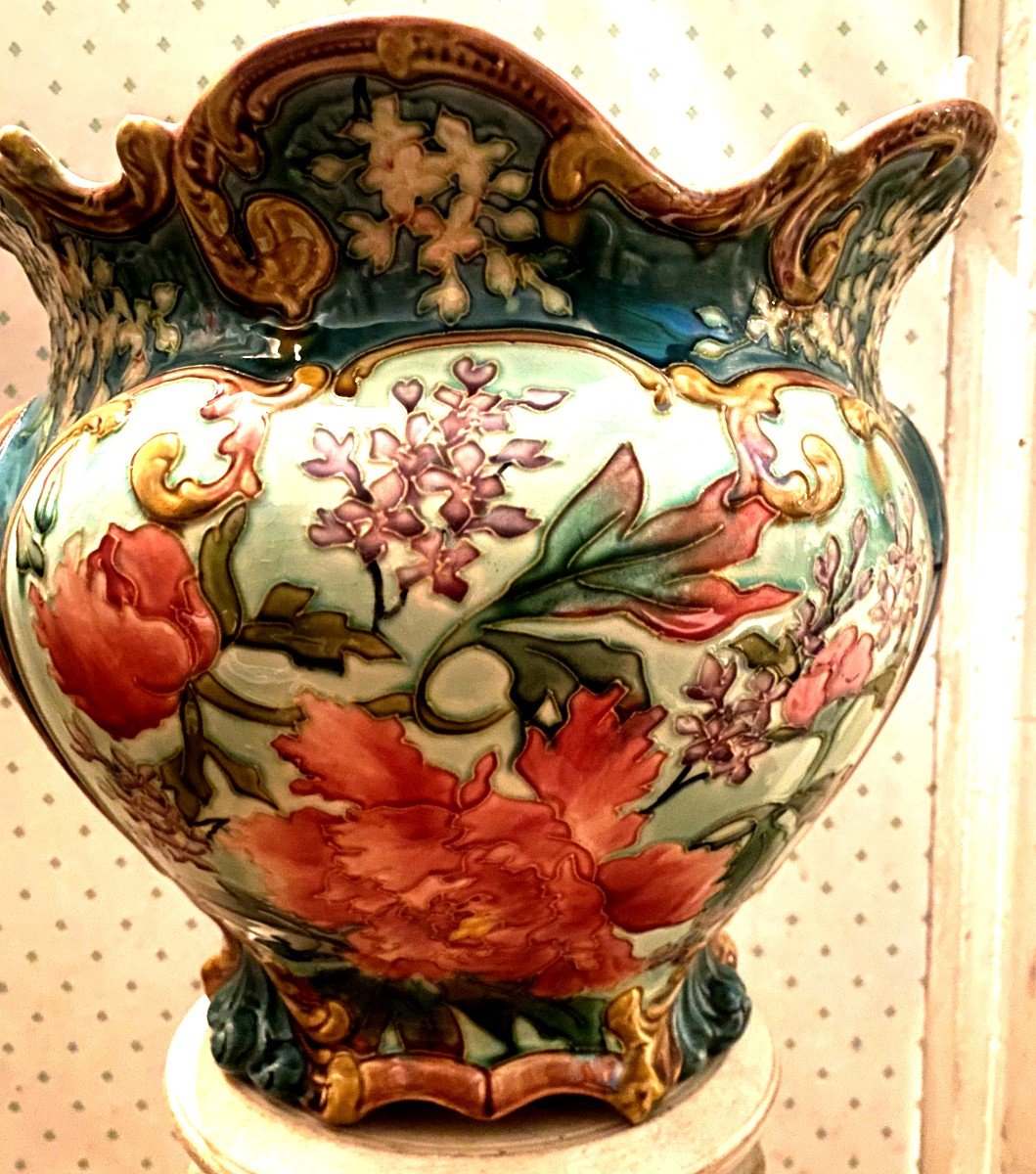 Beau Cache Pot Géant, En Barbotine De" Longchamp " Style "art Nouveau", Aux Fleurs De Pivoines -photo-2