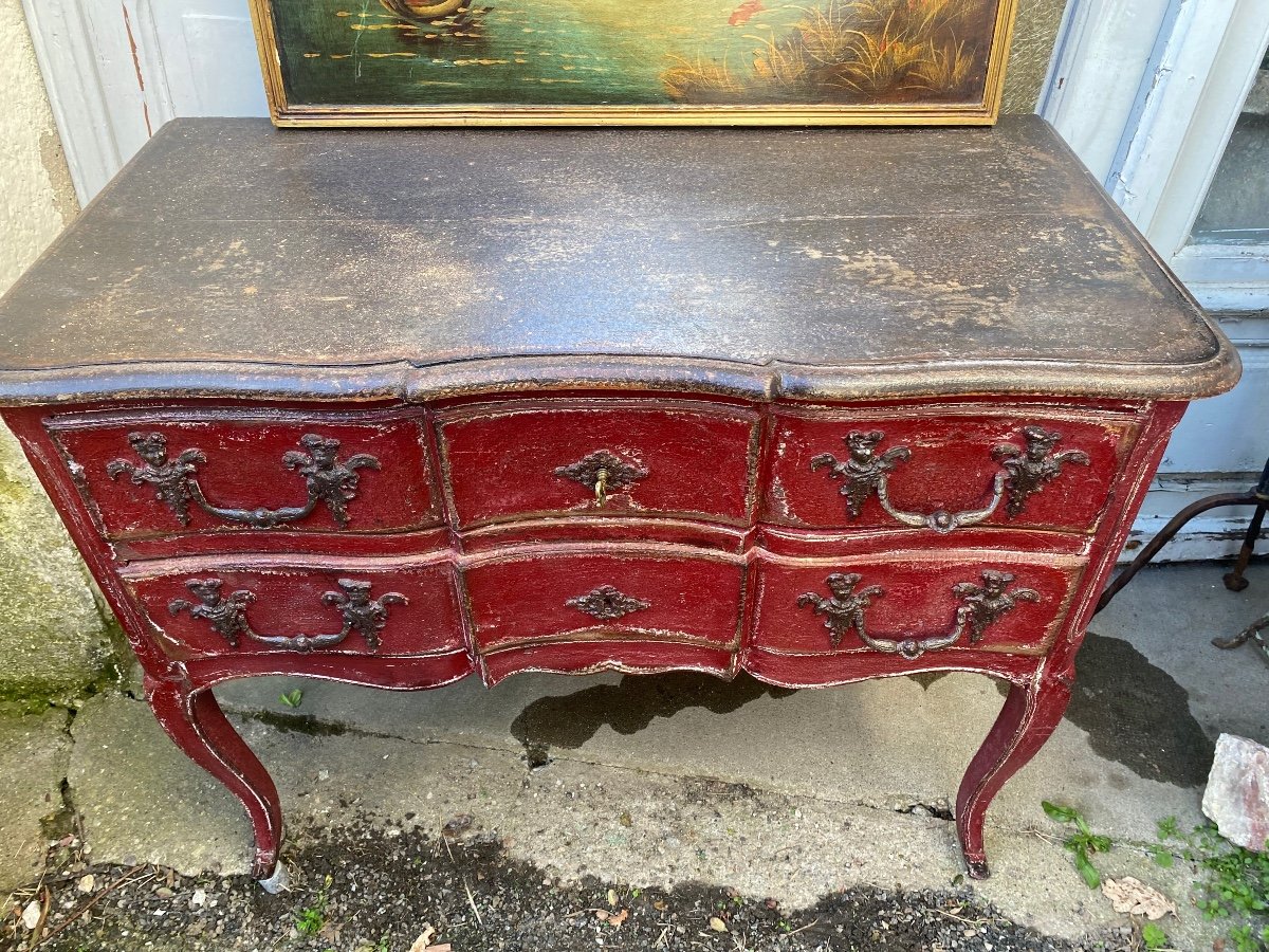 Belle Commode Sauteuse deux Tiroirs Arbalète  En Bois Peint Rouge  Et Son Plateau Gris Porphyre-photo-4