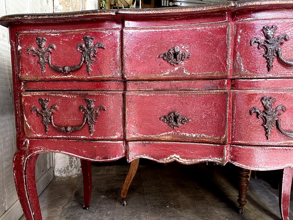 Belle Commode Sauteuse deux Tiroirs Arbalète  En Bois Peint Rouge  Et Son Plateau Gris Porphyre-photo-5