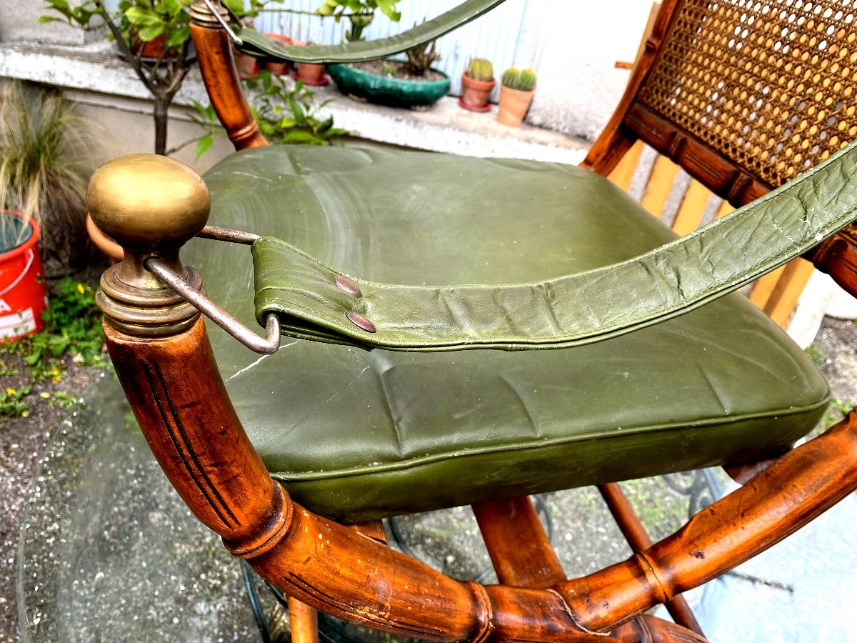 Rare Beautiful Officer's Office Armchair "maison Jansen", In Beech Cane Back Leather Seat-photo-4