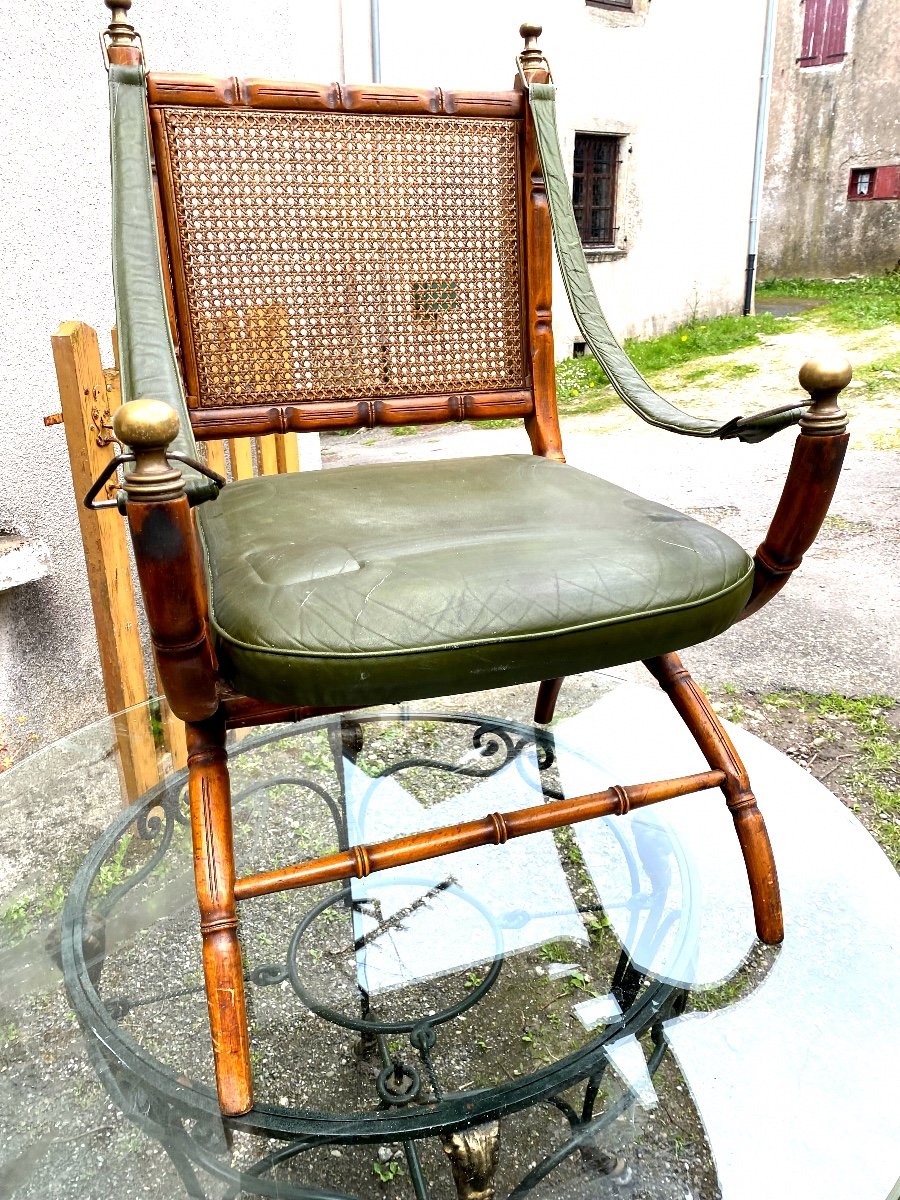 Rare Beautiful Officer's Office Armchair "maison Jansen", In Beech Cane Back Leather Seat
