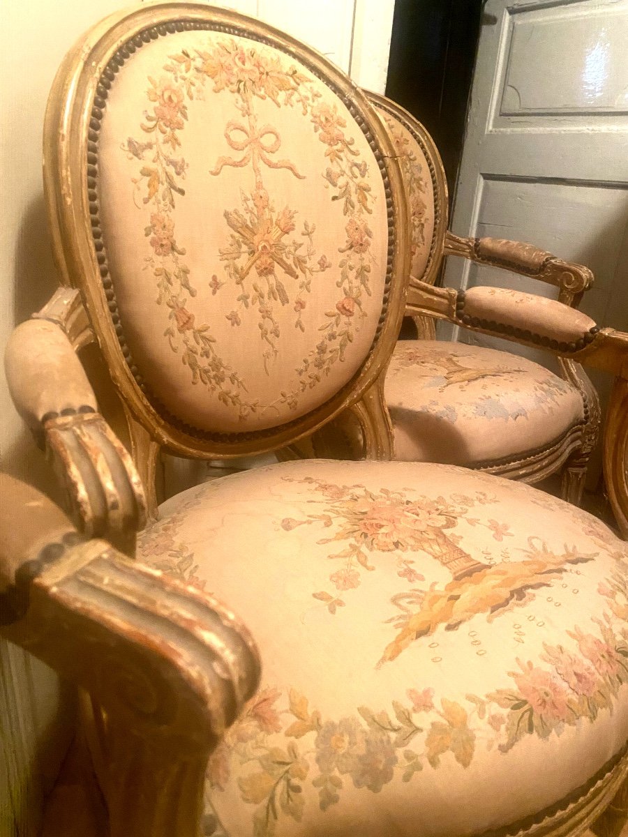 Rare Suite De 4 Fauteuils Louis XVI Estampillés Delaunay Tapisserie Point De Beauvais d'Origine-photo-3