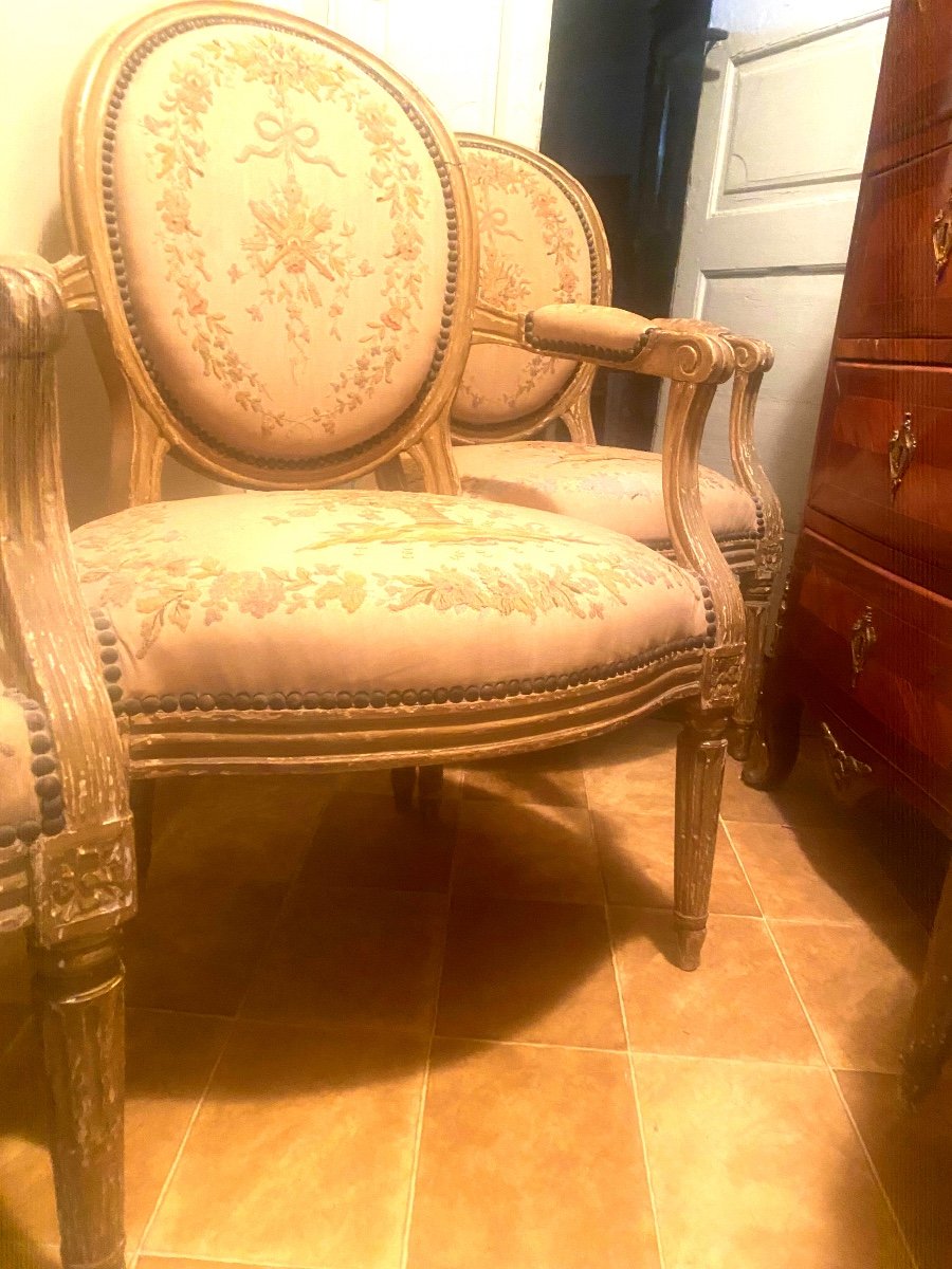 Rare Suite Of 4 Louis XVI Armchairs Stamped Delaunay Original Point De Beauvais Tapestry-photo-4