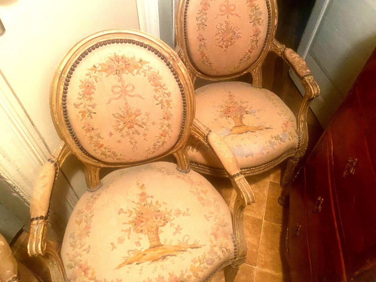 Rare Suite Of 4 Louis XVI Armchairs Stamped Delaunay Original Point De Beauvais Tapestry-photo-1