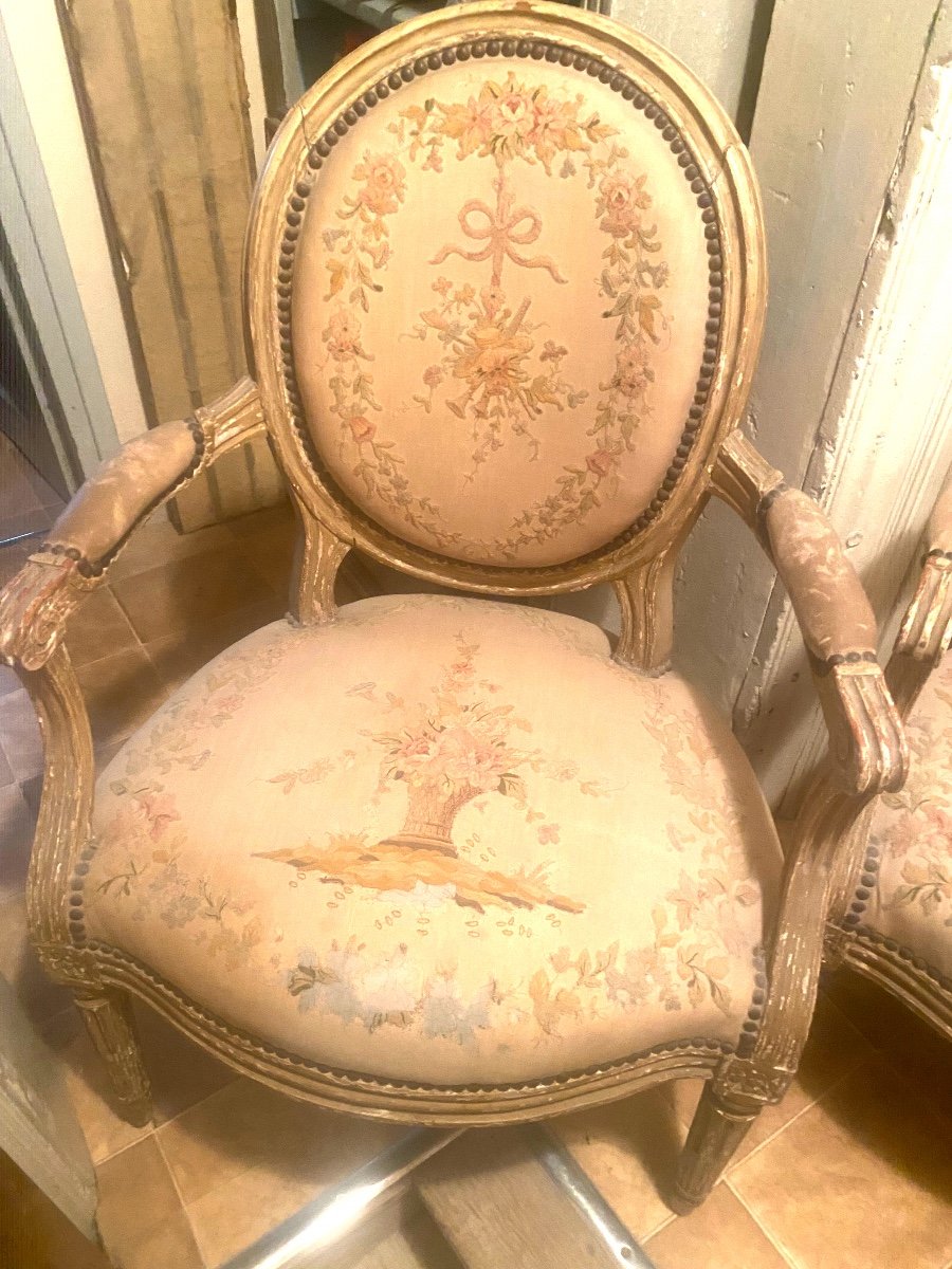 Rare Suite De 4 Fauteuils Louis XVI Estampillés Delaunay Tapisserie Point De Beauvais d'Origine-photo-4