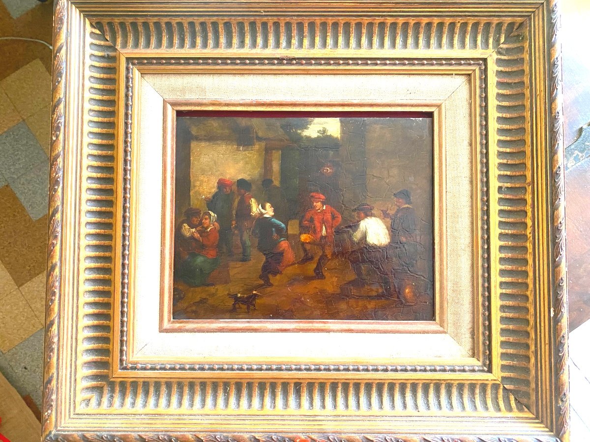  Beautiful Flemish School From The End Of The 17th Century "village Dance" Oil On Panel Framed