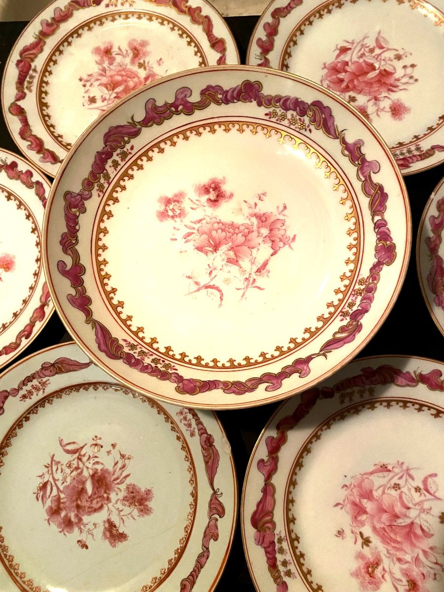  Beautiful Porcelain Set Of A Compotier + 6 Chinese Style Plates Pink Lotus Flowers 18th-photo-7