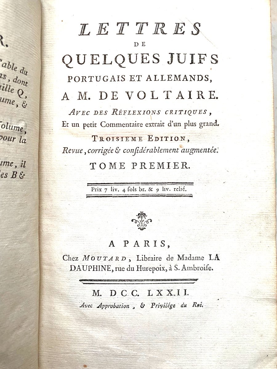  Lettres De Quelques Juifs Portugais Et Allemands à M. De Voltaire , 2 Vol. In 8 . Ant. Guenée.-photo-3