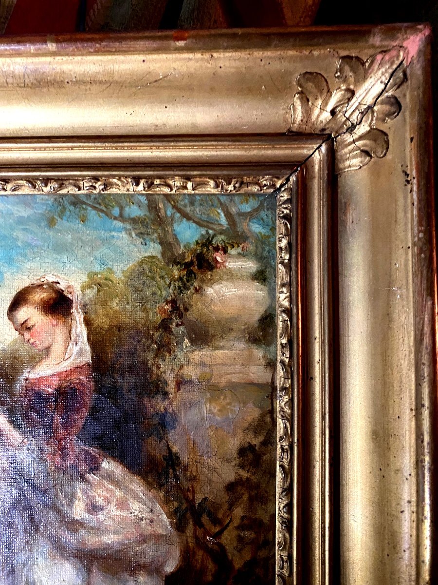 Tableau d'époque Louis Philippe , Huile Sur Toile Encadrée , La Jeune Fille Lisant Dans Un Parc-photo-2