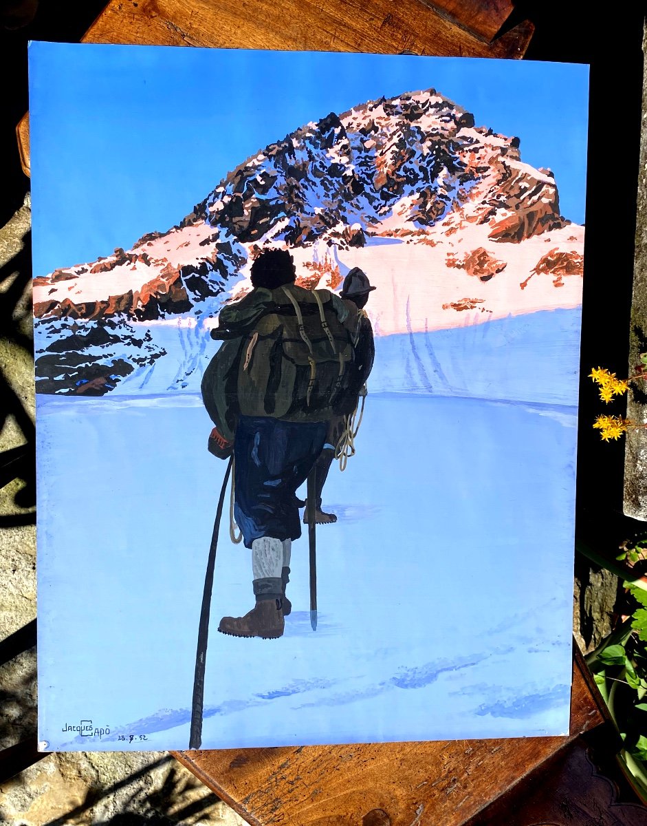 Beautiful Amazing Large Gouache From 1952 By Jacques Capo. Austrian Mountain Hiking 