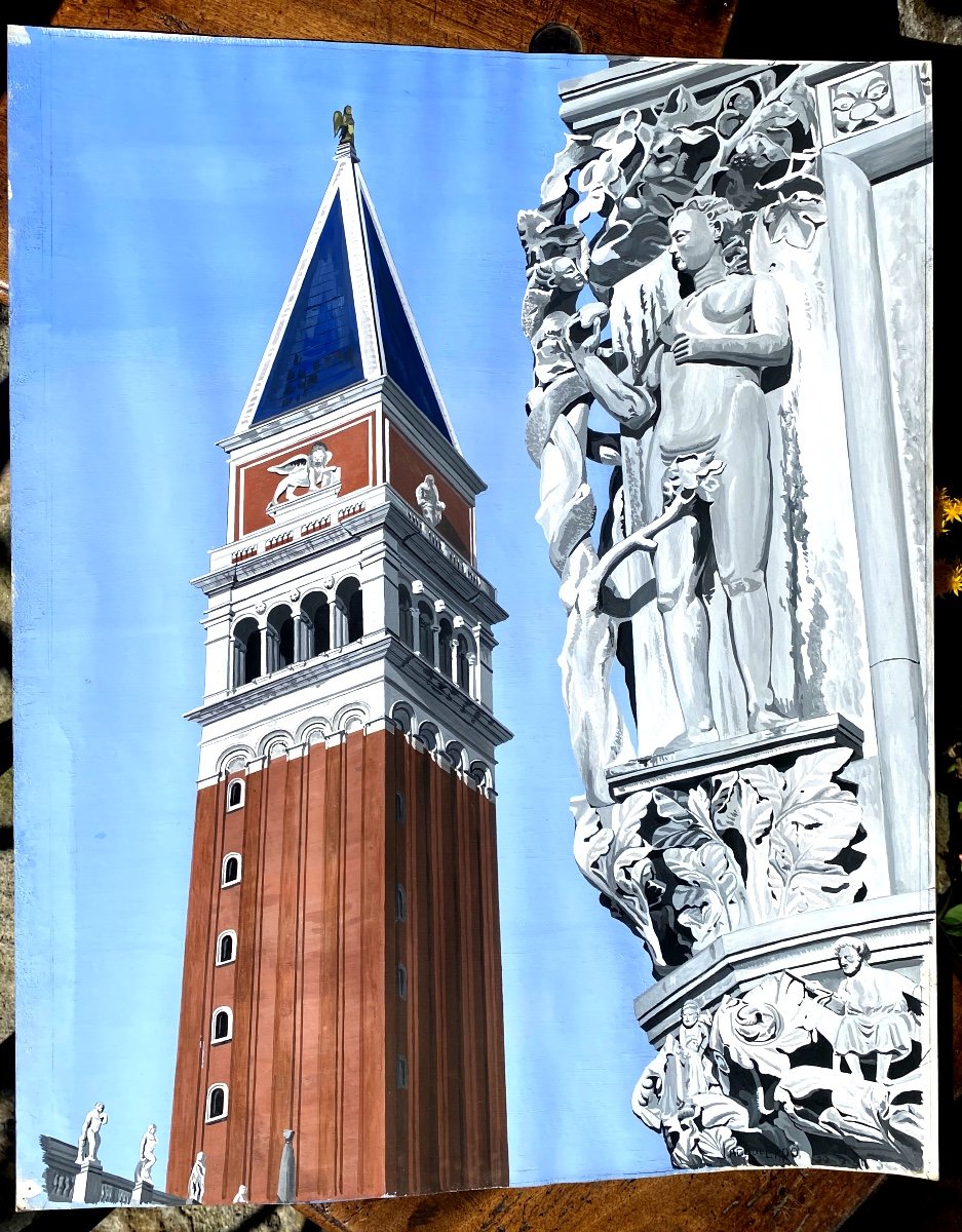 The Belfry Of Saint Mark's Square And Cathedral In Venice By J. Capo, Large Gouache 50