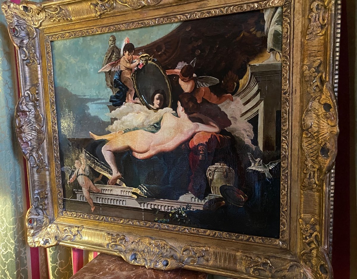 Large Oil On Canvas Framed Late 19th Century "venus In The Mirror".-photo-5