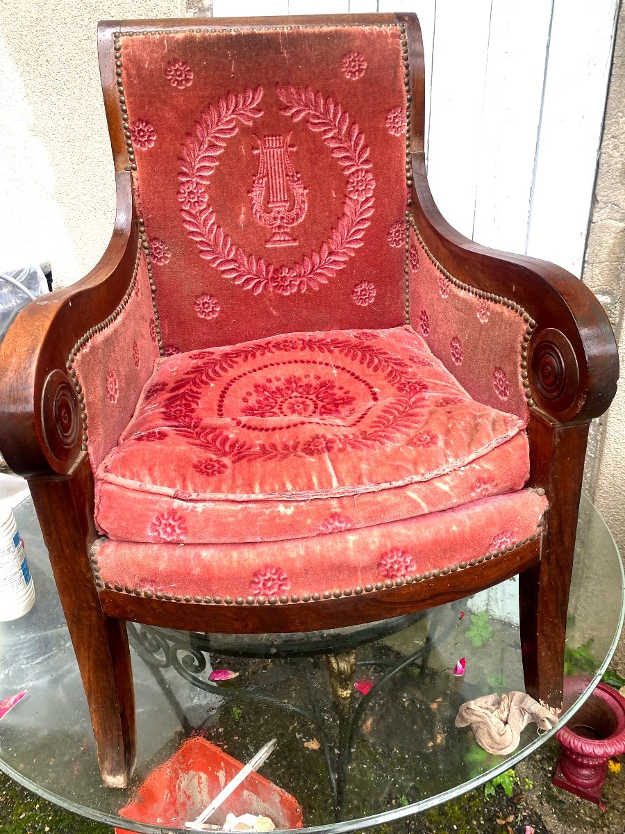 Beautiful Mahogany Bergère Armchair, Rich Windings, Period Saber Rose Crimson Velvet Feet -photo-3