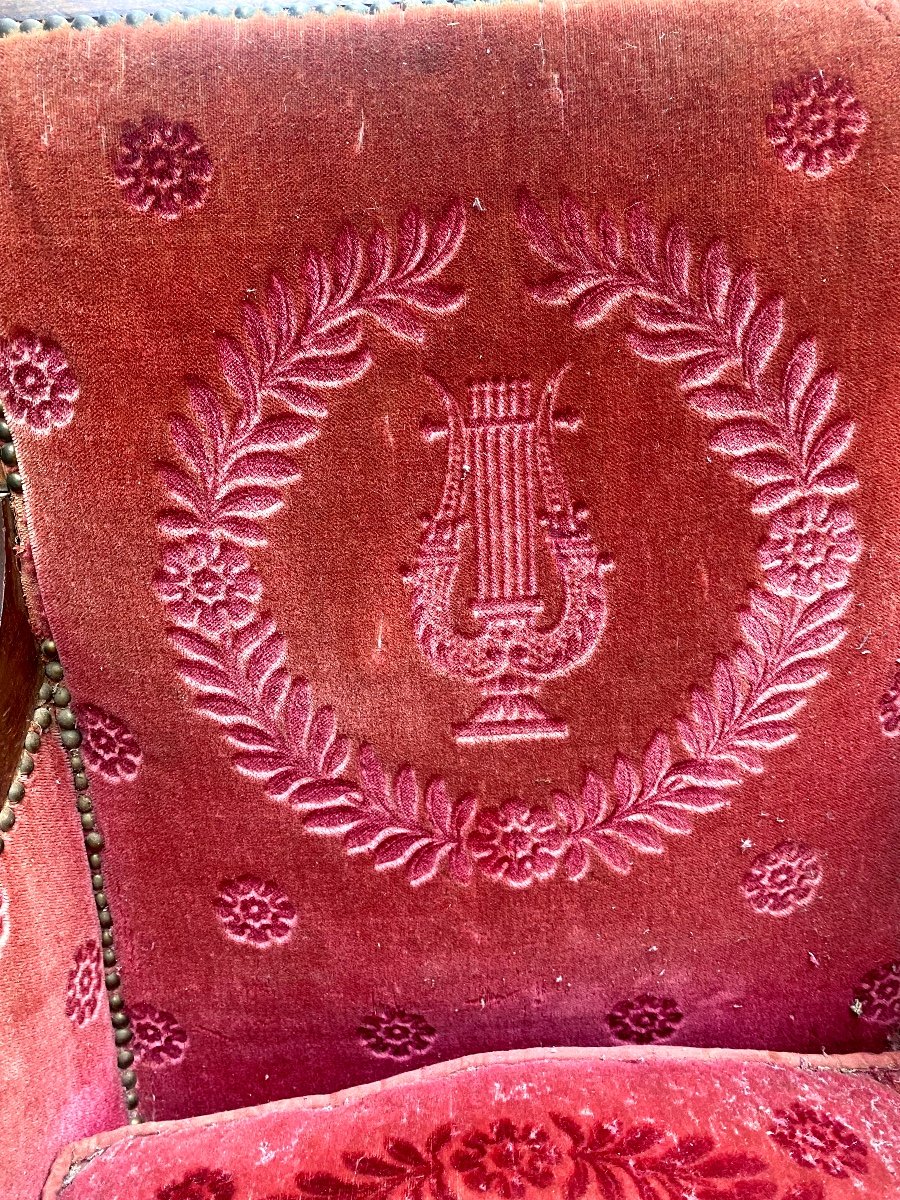 Beautiful Mahogany Bergère Armchair, Rich Windings, Period Saber Rose Crimson Velvet Feet -photo-4