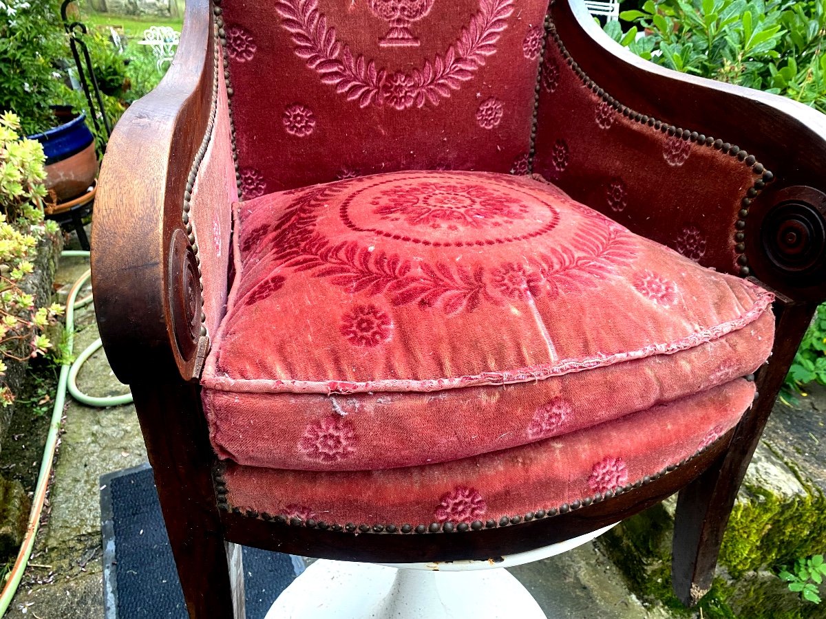 Beautiful Mahogany Bergère Armchair, Rich Windings, Period Saber Rose Crimson Velvet Feet -photo-3