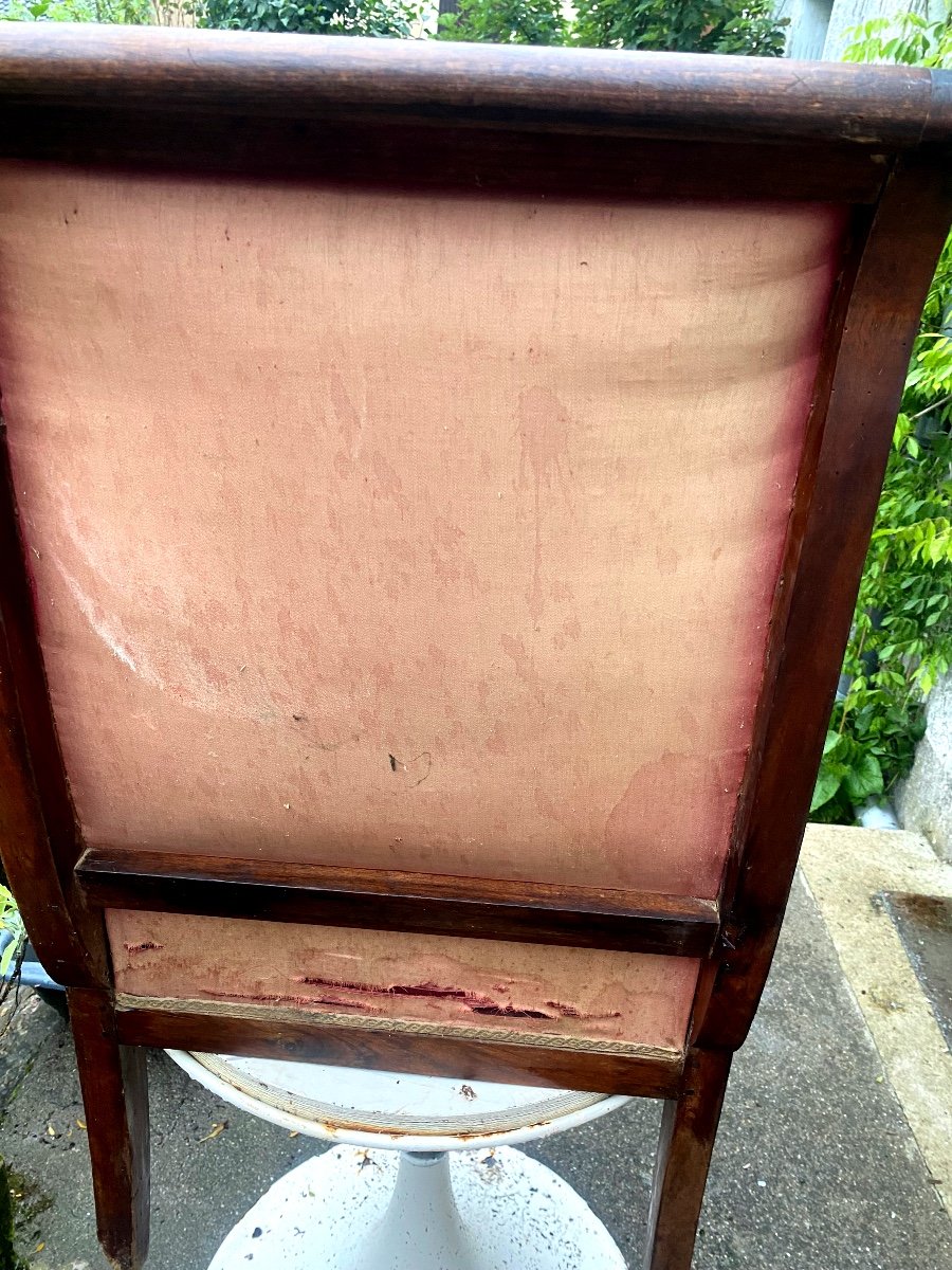 Beautiful Mahogany Bergère Armchair, Rich Windings, Period Saber Rose Crimson Velvet Feet -photo-4