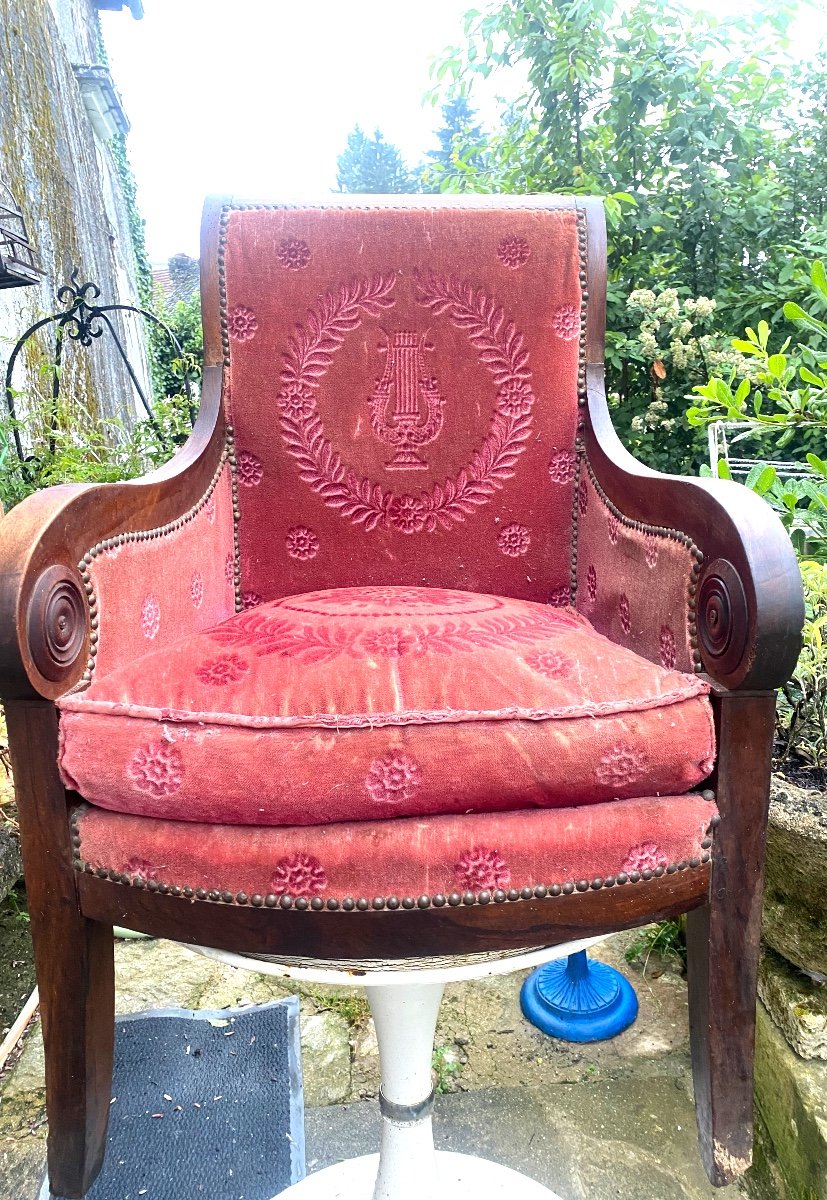 Beautiful Mahogany Bergère Armchair, Rich Windings, Period Saber Rose Crimson Velvet Feet -photo-5