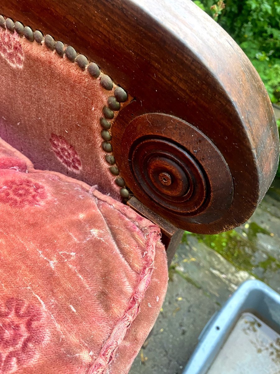 Beautiful Mahogany Bergère Armchair, Rich Windings, Period Saber Rose Crimson Velvet Feet -photo-6