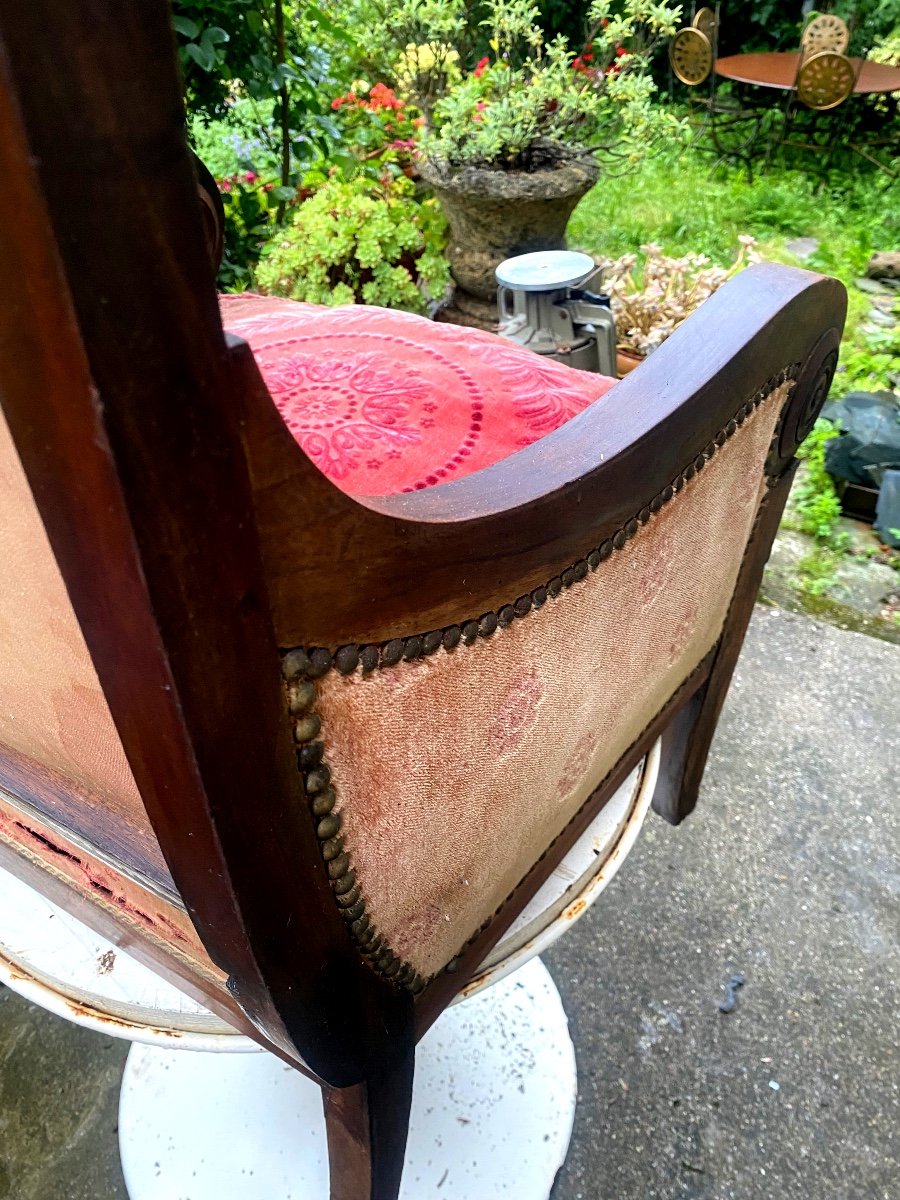 Beautiful Mahogany Bergère Armchair, Rich Windings, Period Saber Rose Crimson Velvet Feet -photo-7