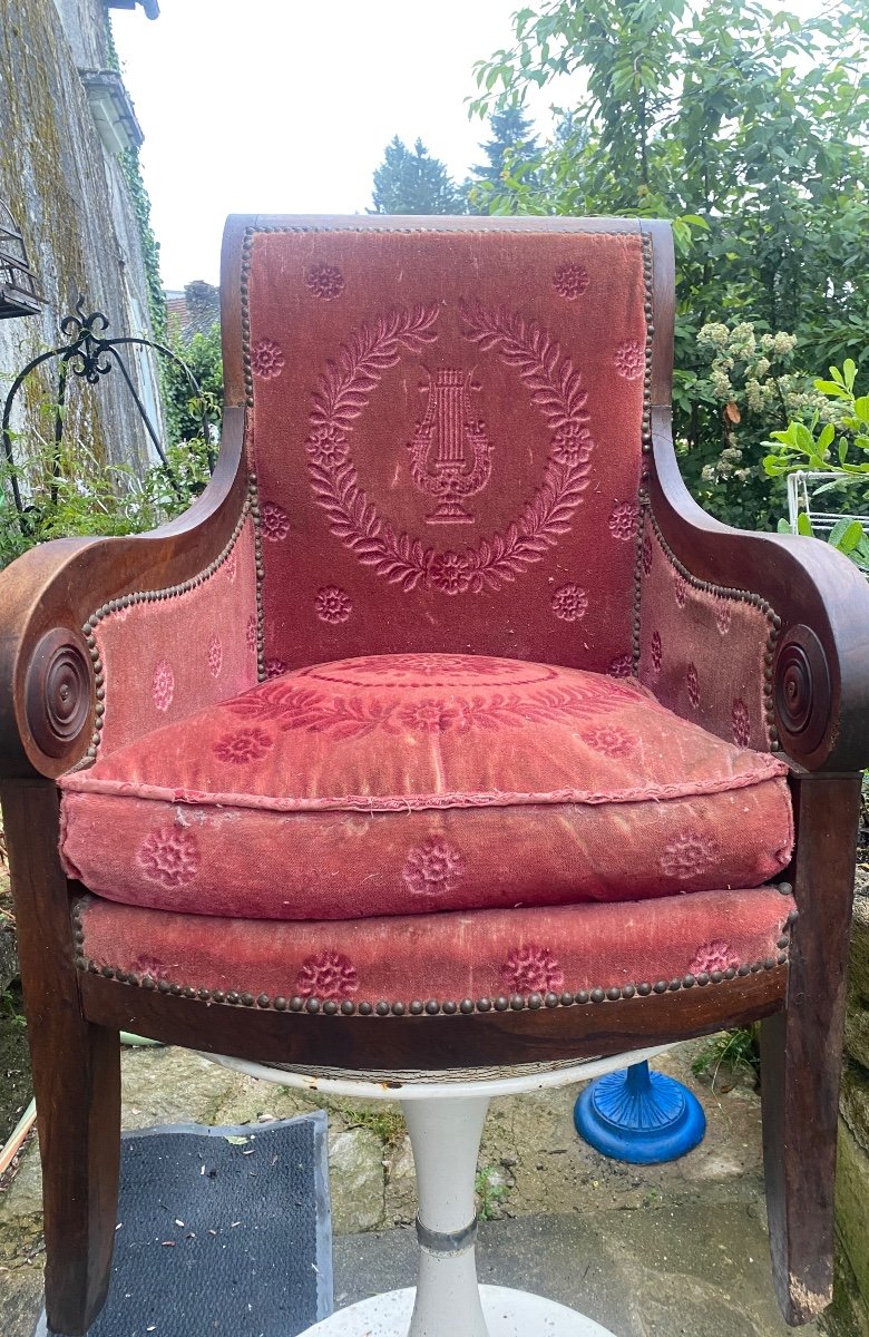 Beautiful Mahogany Bergère Armchair, Rich Windings, Period Saber Rose Crimson Velvet Feet -photo-8