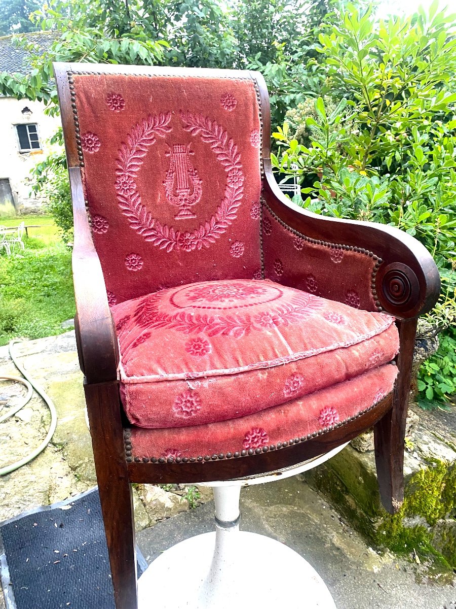 Beautiful Mahogany Bergère Armchair, Rich Windings, Period Saber Rose Crimson Velvet Feet 