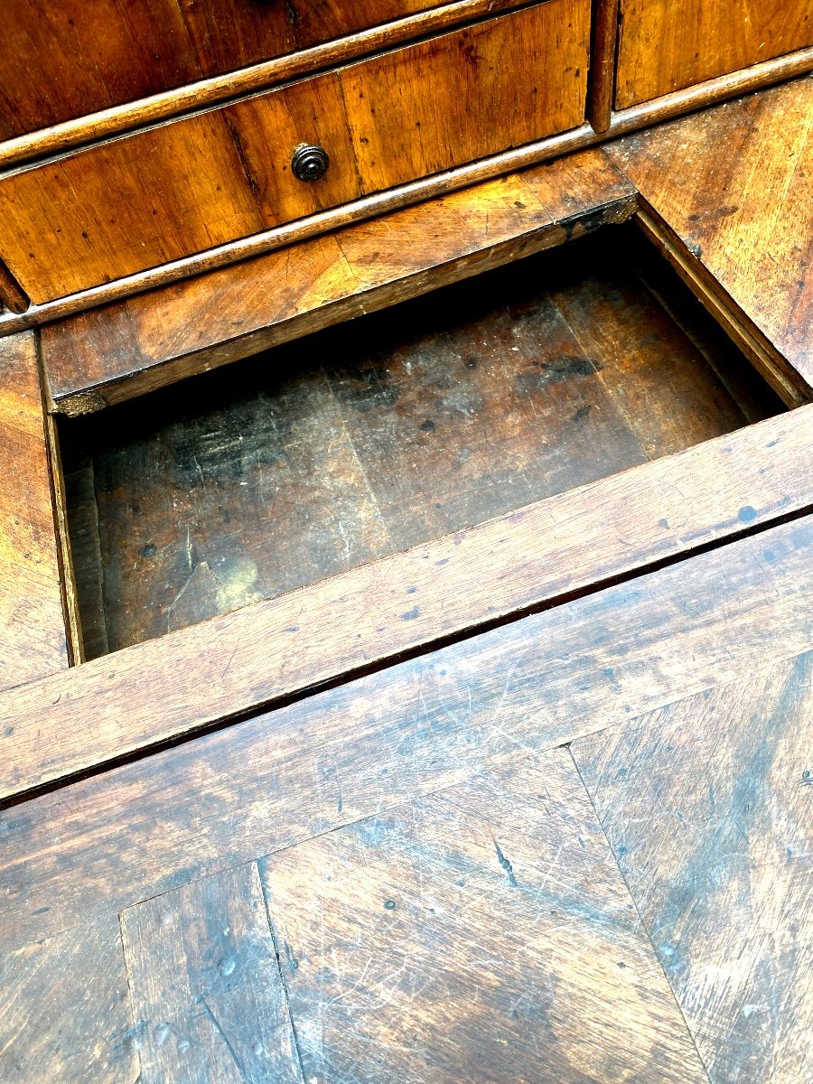 Rare Commode Scriban En Bois Parqueté De Noyer, Mouvementée Du Début Du XVIIIème Italie Du Nord-photo-6