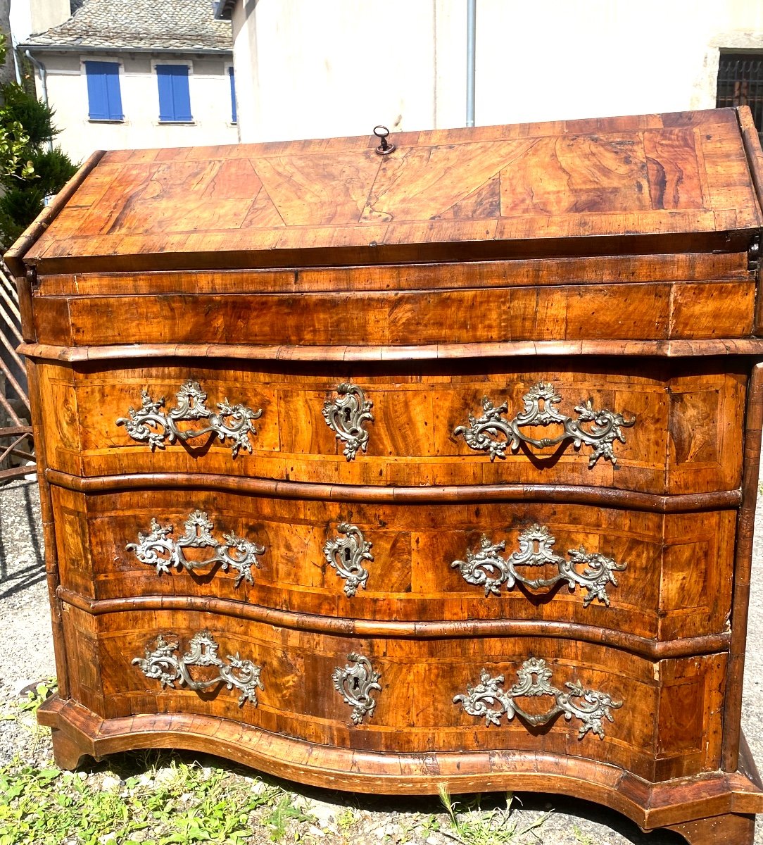 Rare Commode Scriban En Bois Parqueté De Noyer, Mouvementée Du Début Du XVIIIème Italie Du Nord-photo-8