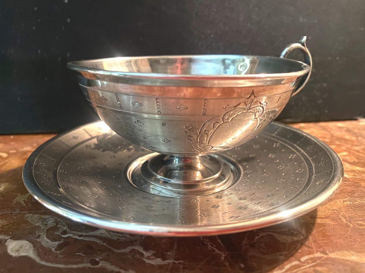 "elegant Tea Cup And Its Bowl", In Sterling Silver Guilloché, Mid-19th Century With Cartouche